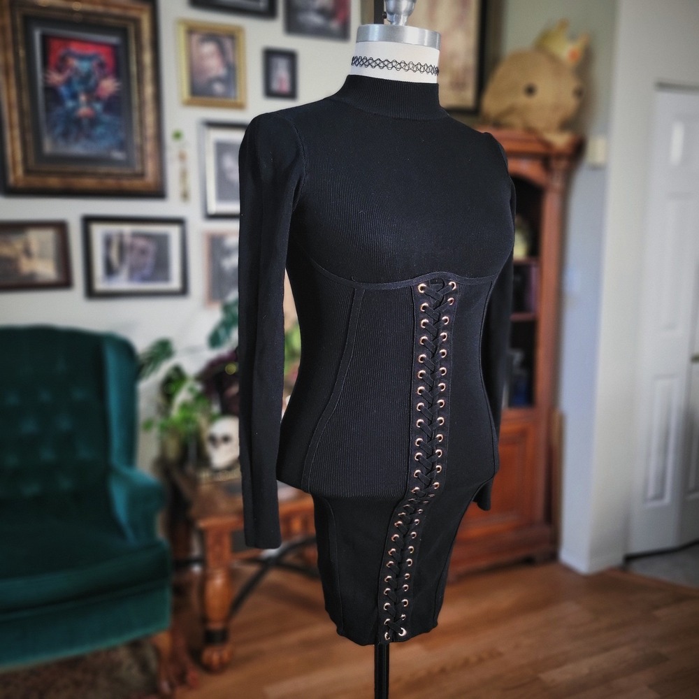 Hera Collection Corset Dress Black Ribbed Lace Up Bodycon Mini Mock Neck Small